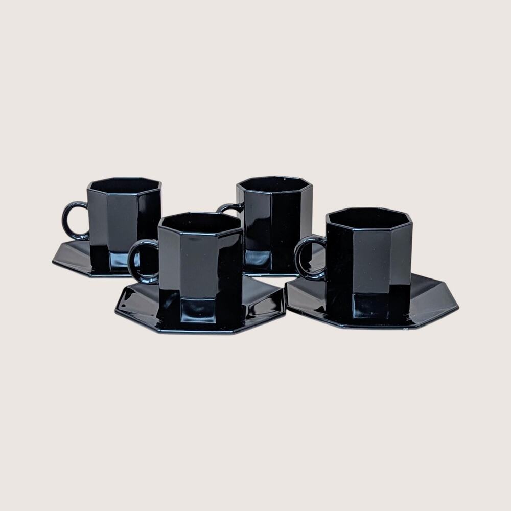 1980s Arcoroc Octime Black Glass Demitasse Cup Saucer Set